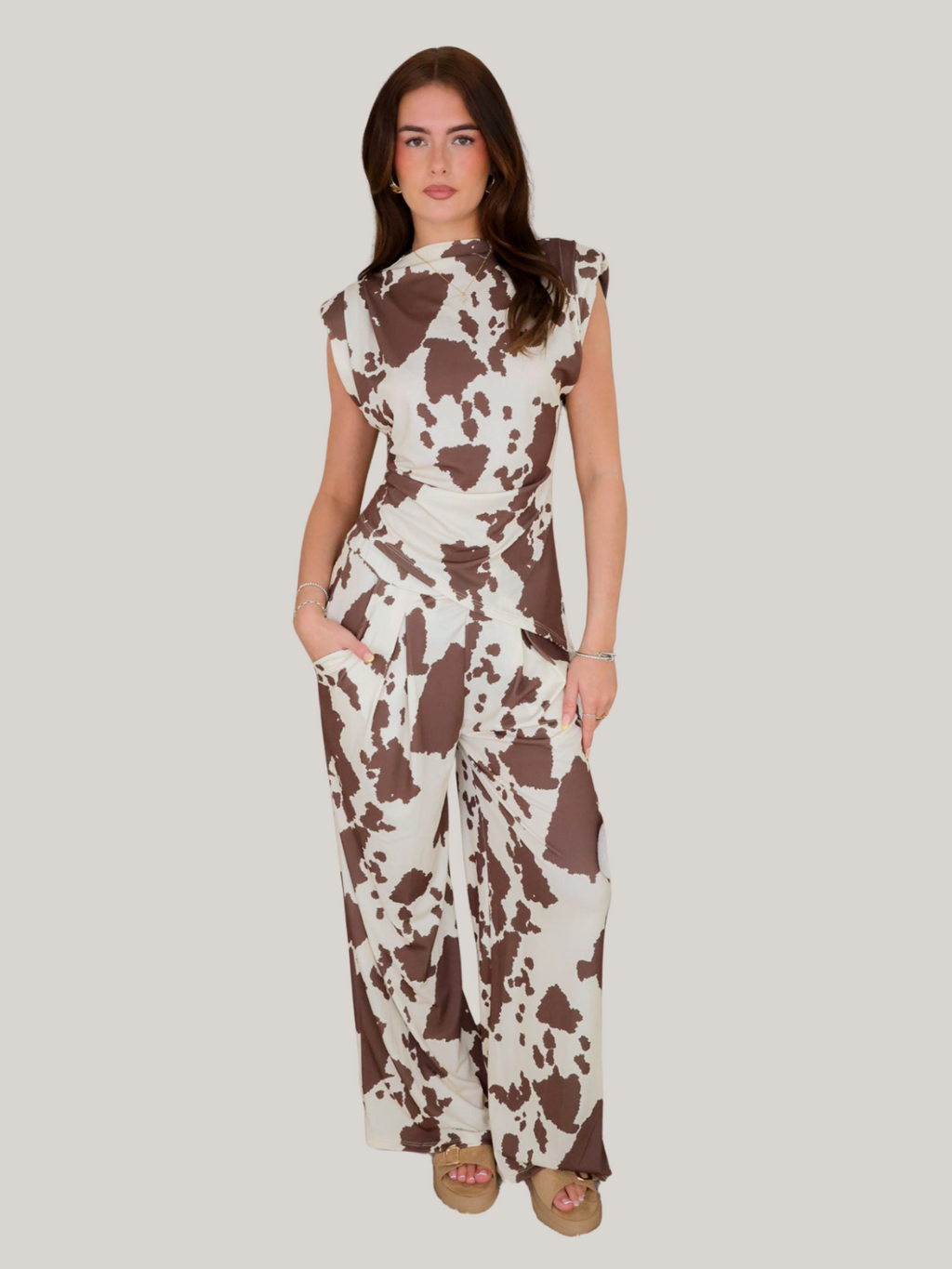 Women’s Cow Print Co-Ord Set – Shoulder Pad Top & High Waist Trousers Two Piece Outfit