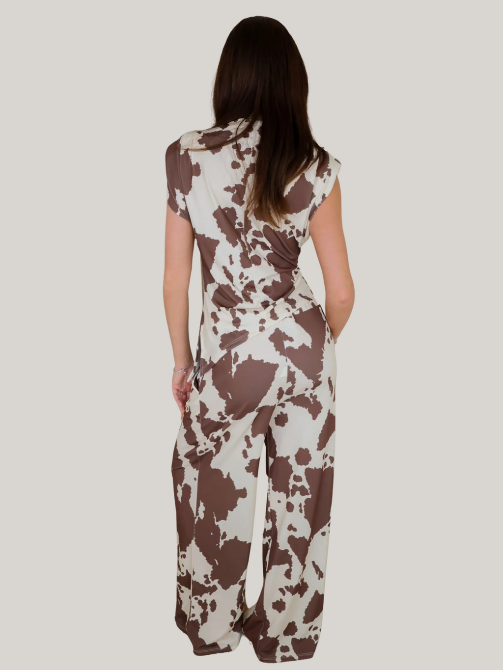 Women’s Cow Print Co-Ord Set – Shoulder Pad Top & High Waist Trousers Two Piece Outfit