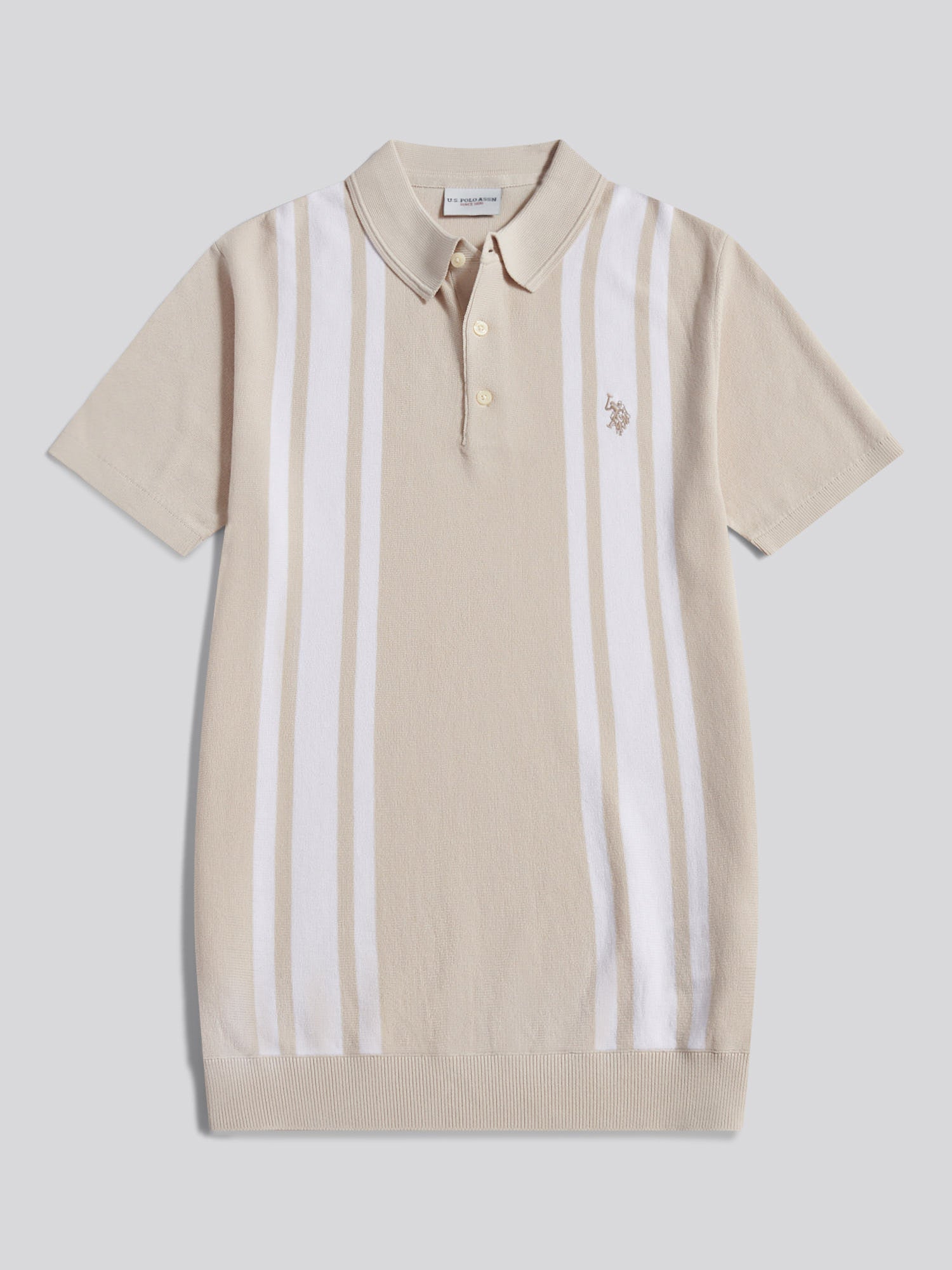 Mens Tonal Vertical Stripe Knit Polo Shirt Beige
