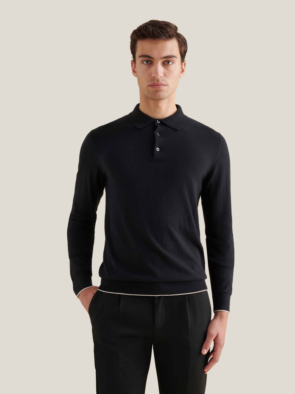 Jersey Knit Long Sleeve Polo Shirt in Black