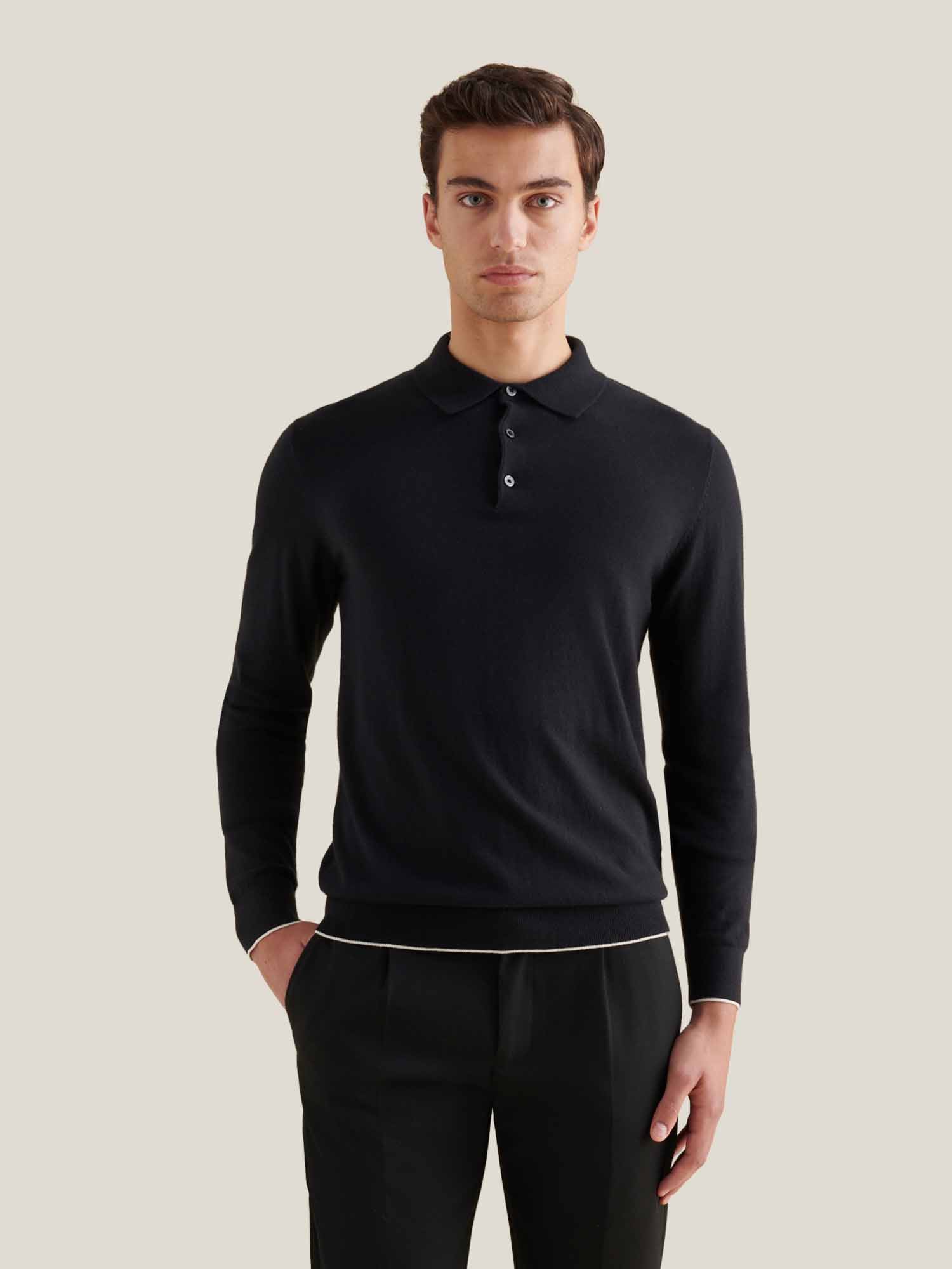 Jersey Knit Long Sleeve Polo Shirt in Black