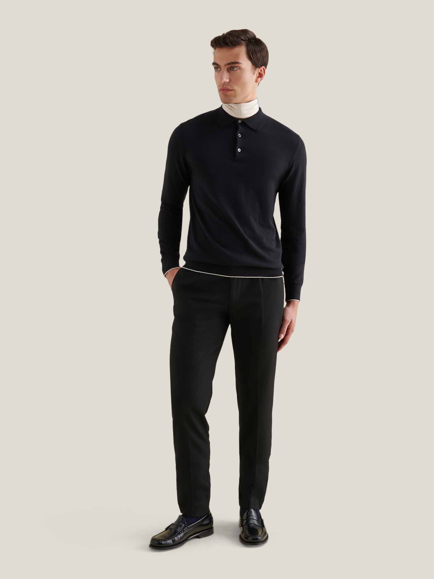 Jersey Knit Long Sleeve Polo Shirt in Black