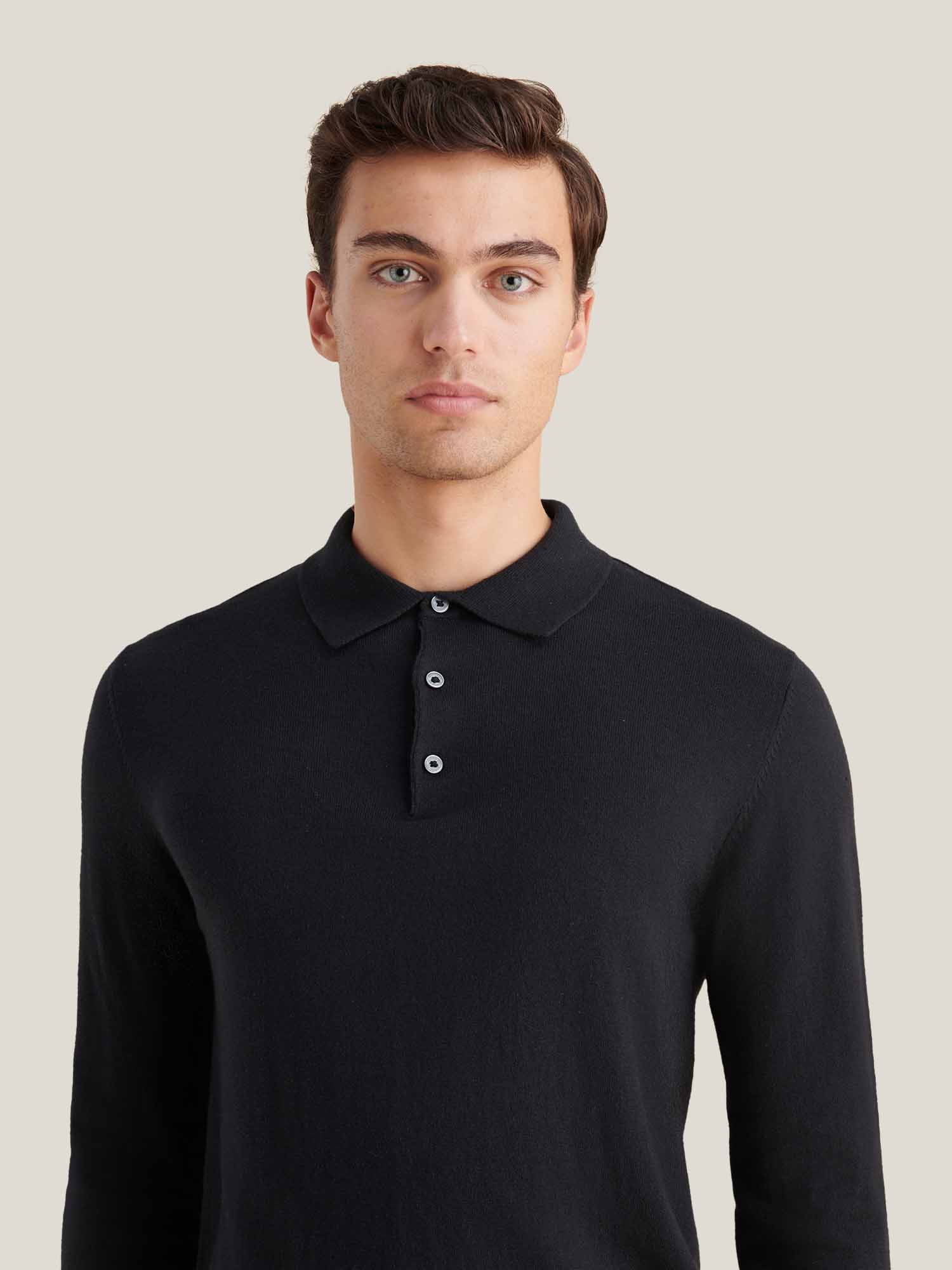 Jersey Knit Long Sleeve Polo Shirt in Black