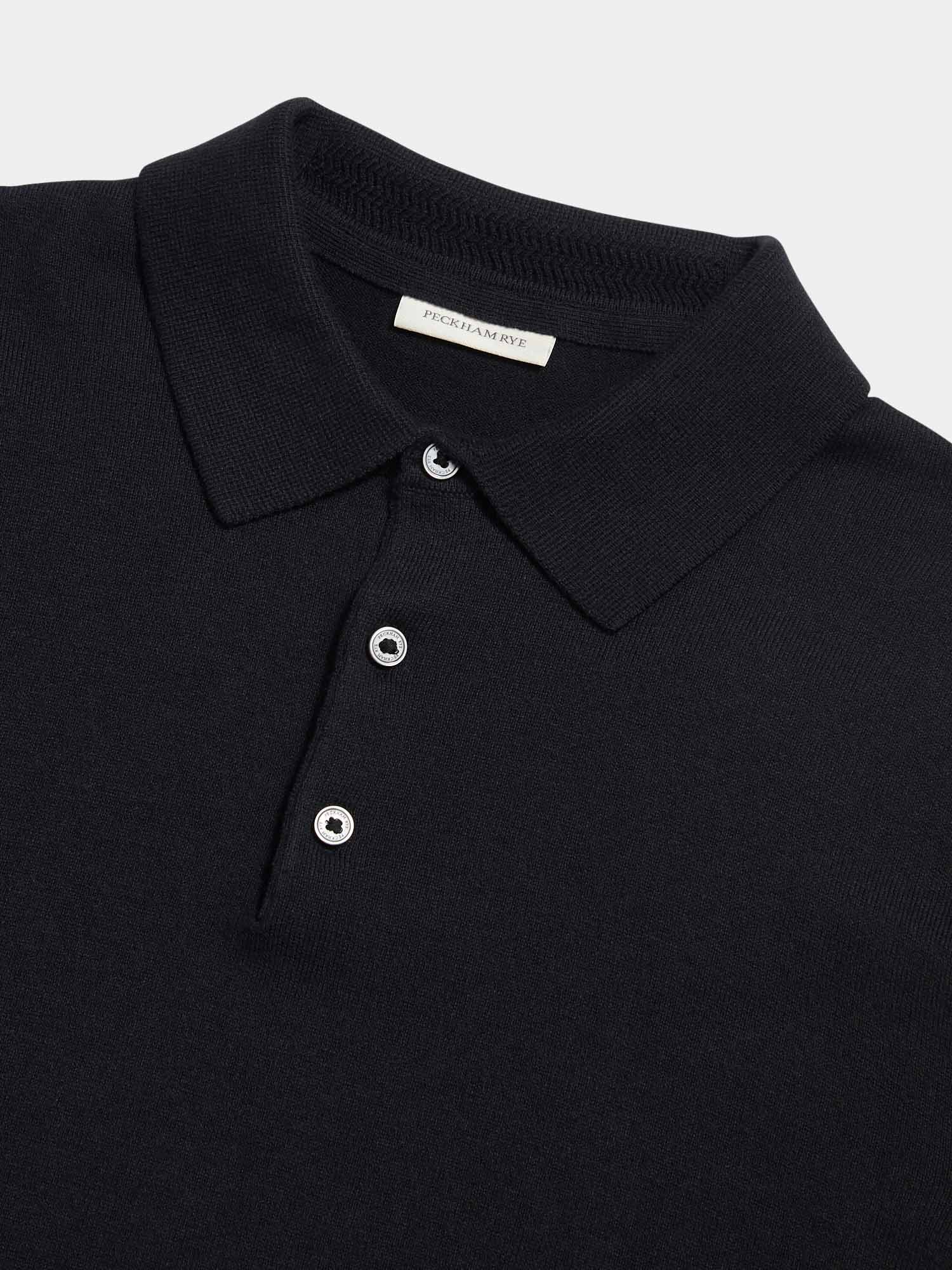 Jersey Knit Long Sleeve Polo Shirt in Black