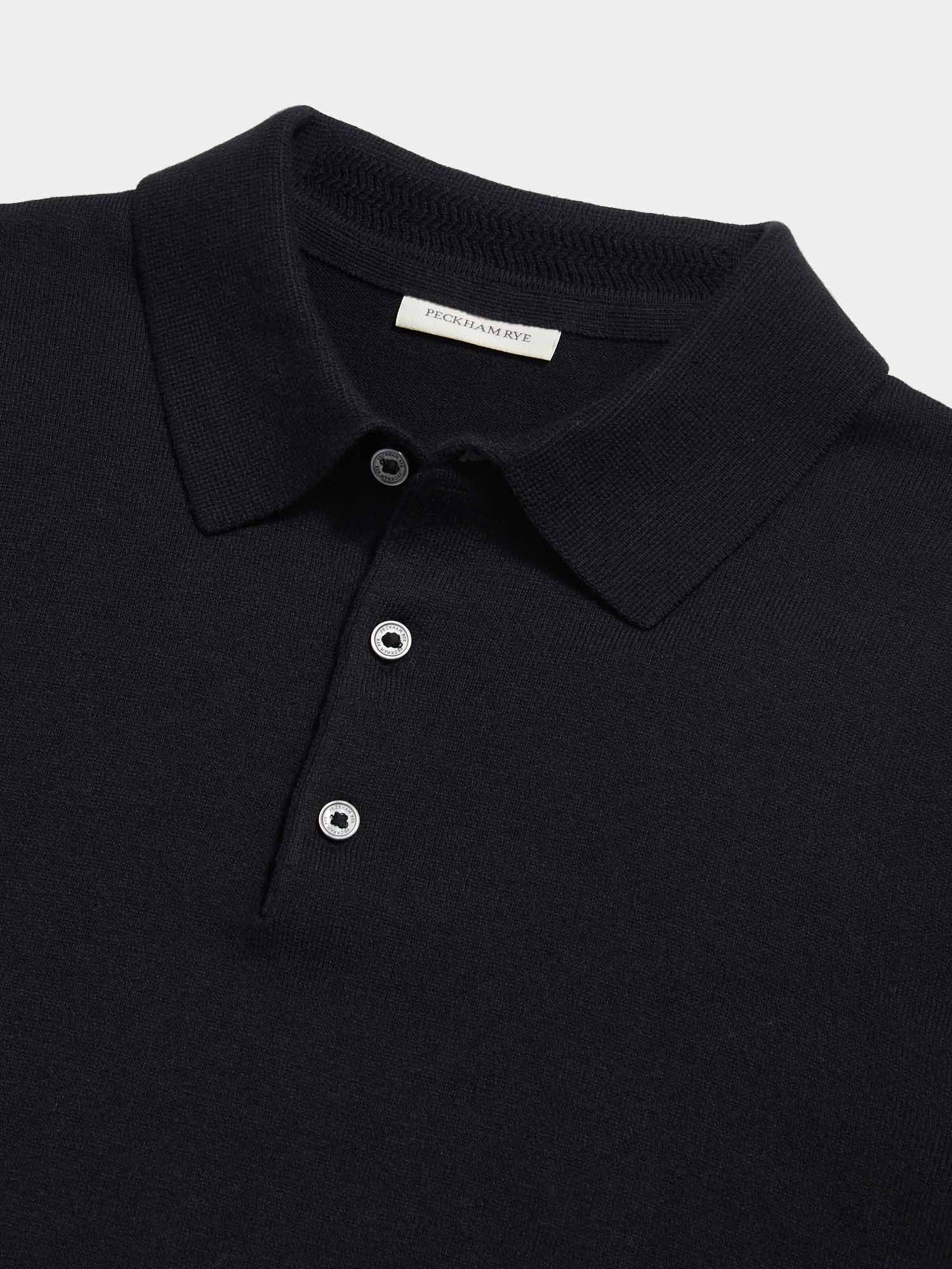 Jersey Knit Long Sleeve Polo Shirt in Black