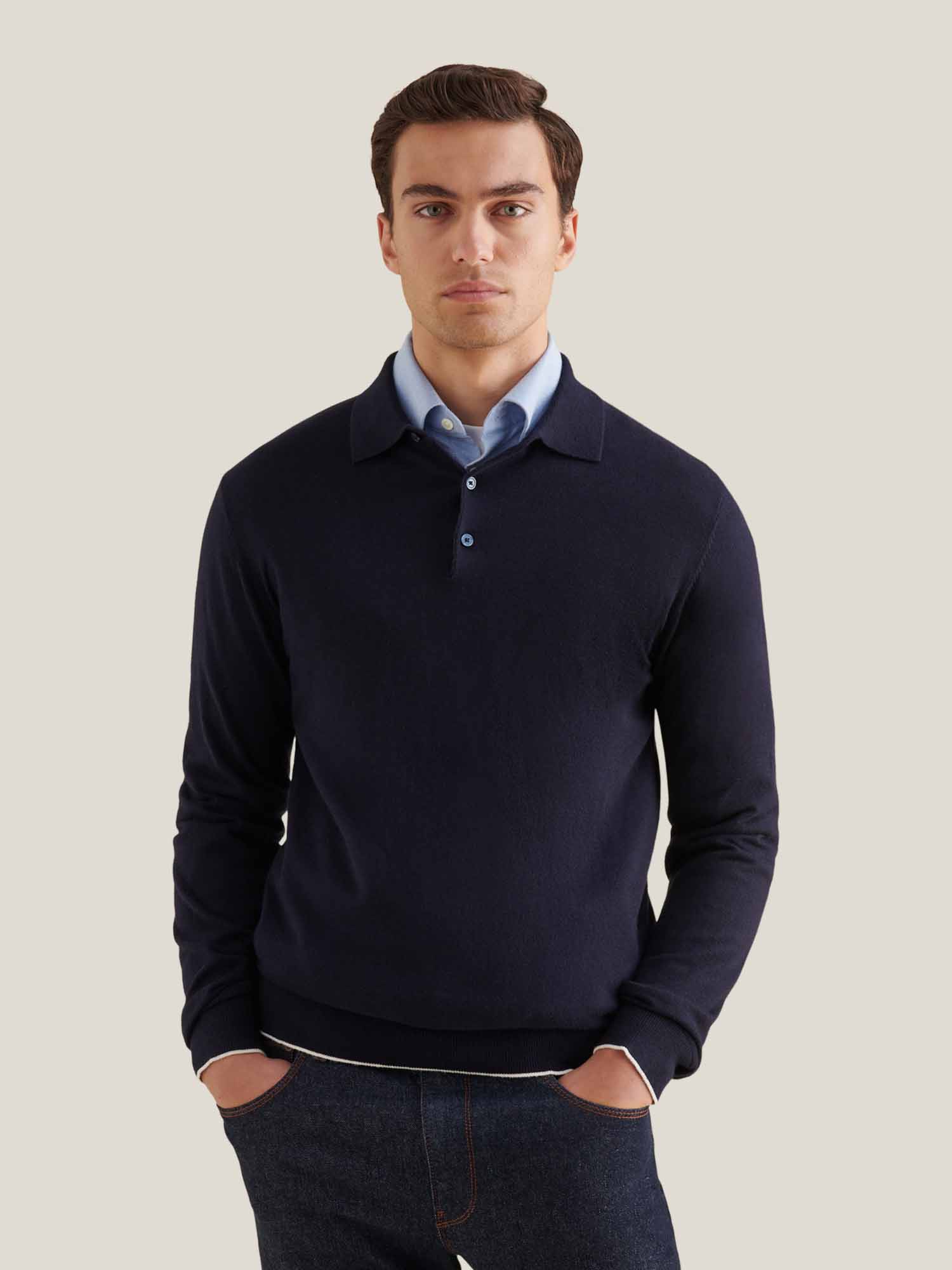 Jersey Knit Long Sleeve Polo Shirt in Dark Sapphire Navy