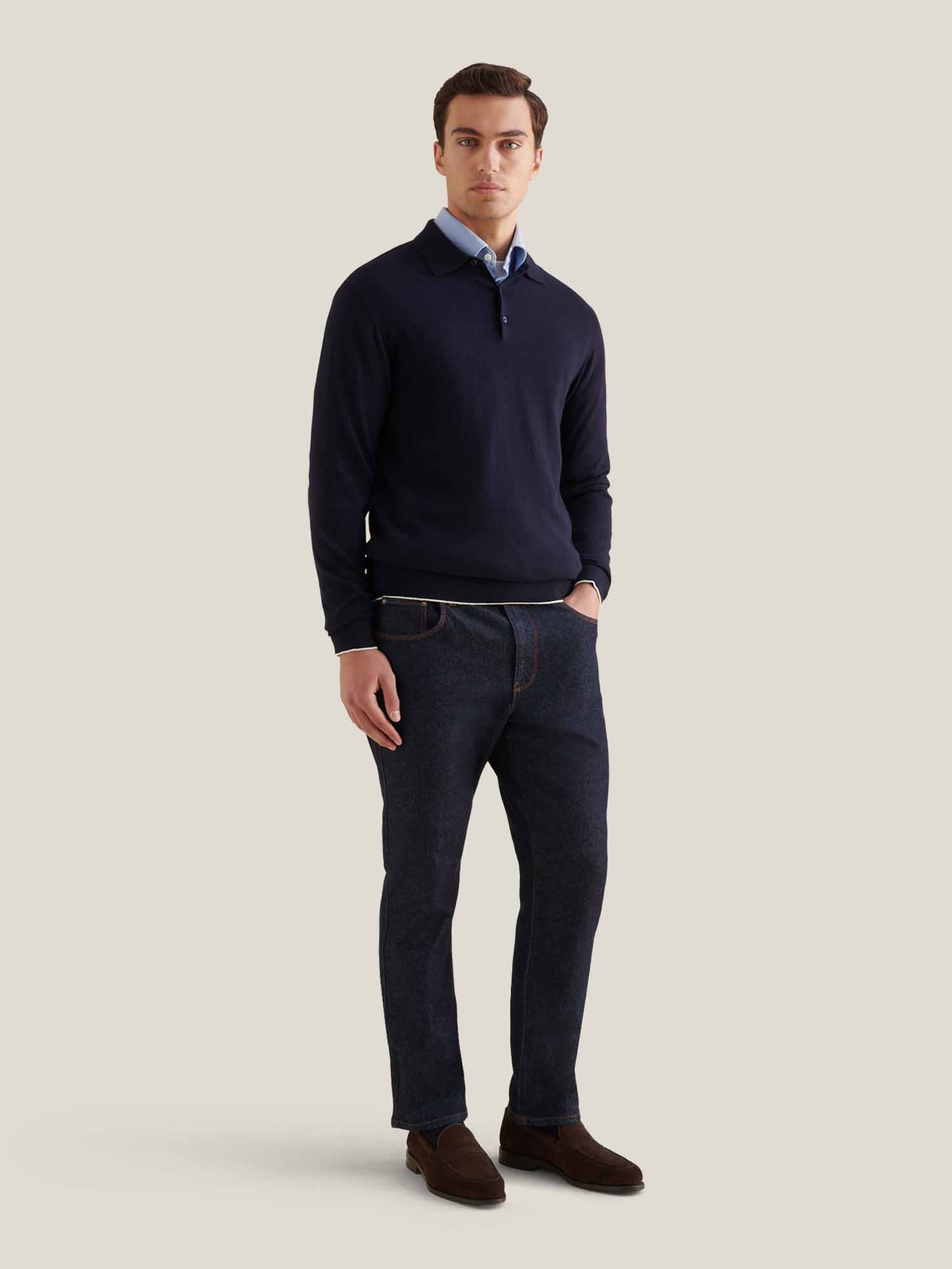 Jersey Knit Long Sleeve Polo Shirt in Dark Sapphire Navy