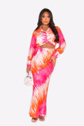 Satin Pink & Orange Printed Maxi Skirt Co-ord Set